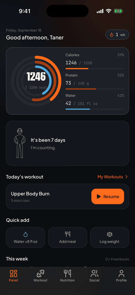 Forge's daily panel: the calorie, protein and water ring, today's workout, and quick-add buttons