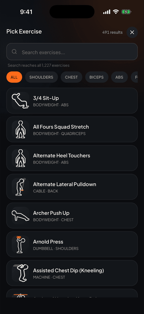 Forge's exercise picker: a search box, muscle group filters, and a drawn figure beside every exercise