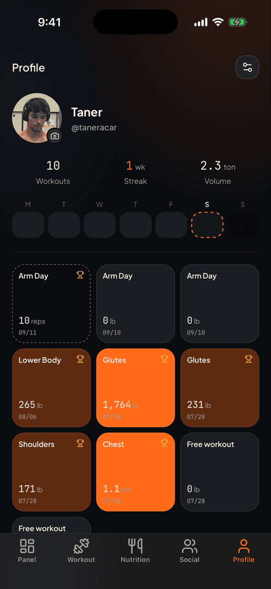 Forge's profile: a year of sessions as a heat map, with streak, total volume and records above it